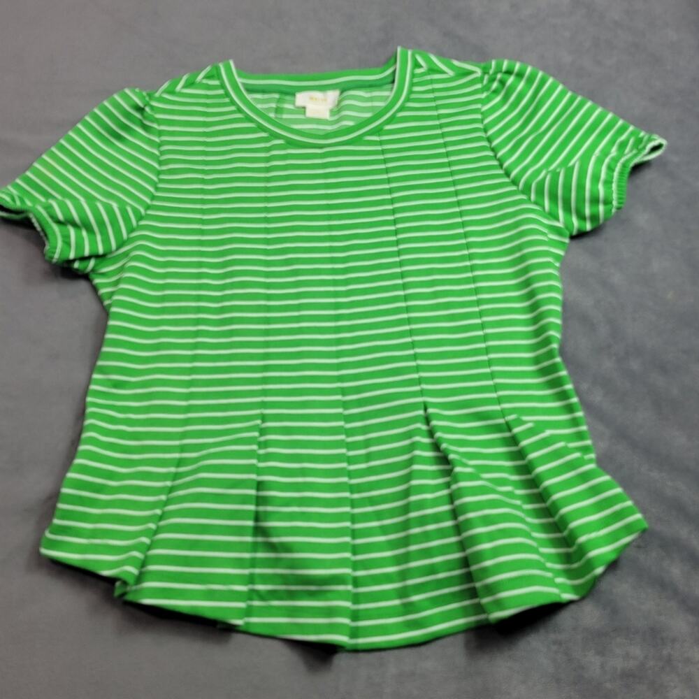 Anthropologie Maeve Shirt Women Size Small Green White Striped Peplum Ruffle Top